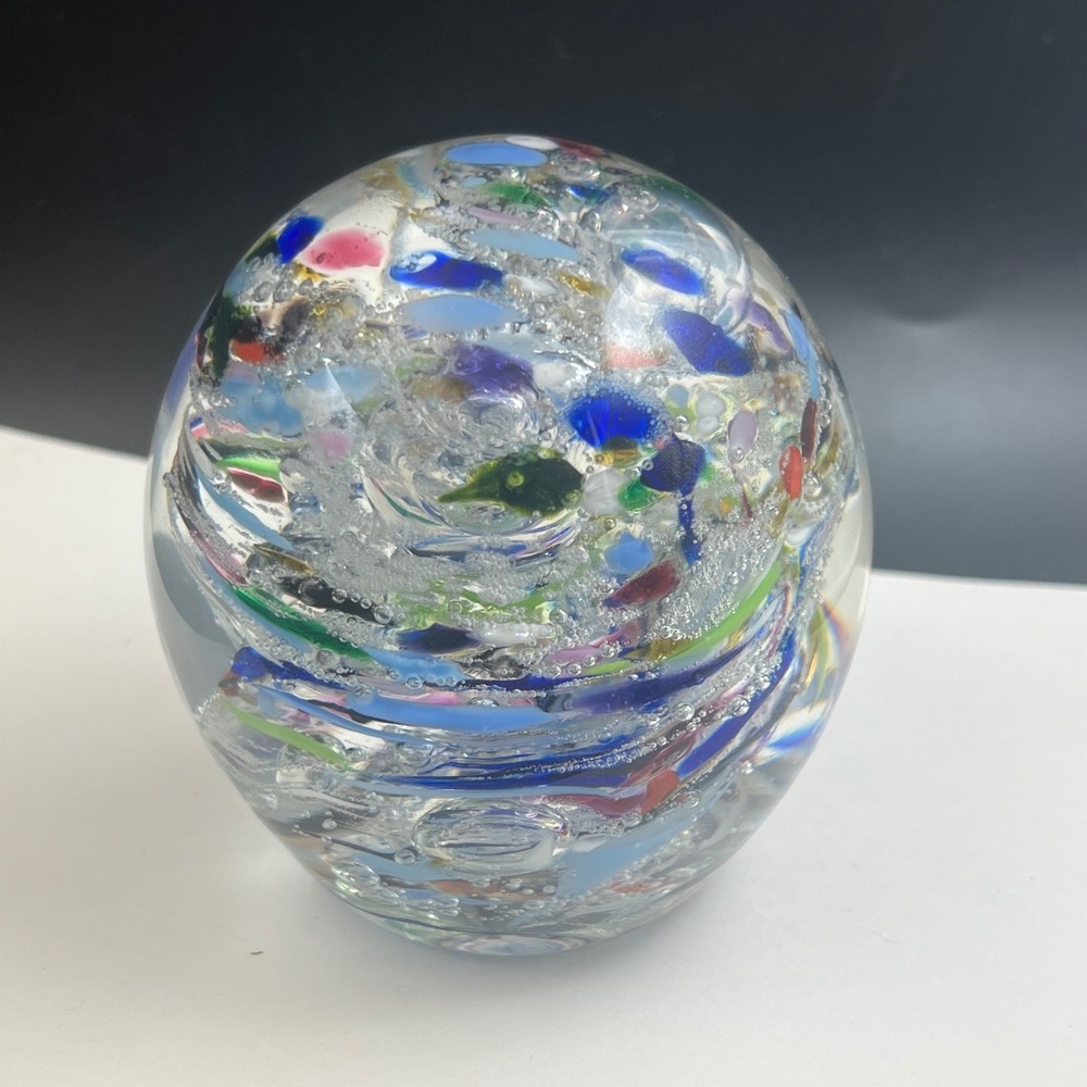 Studio Art Glass Signed Confetti Swirl Paperweight Controlled Bubbles Multicolor